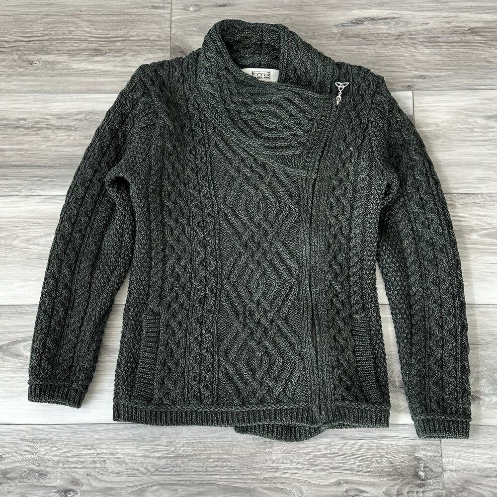 Aran Crafts Ireland Merino Wool Cable Knit Zip Cardigan Sweater Olive Green XS